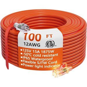 12/3 Gauge Heavy Duty Outdoor Extension Cord 100 ft Waterproof with Lighted end